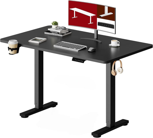 Elektromos magasságállítható íróasztal memóriafunkciós vezérléssel, pohár- és fejhallgatótartóval, két méretben és három színben