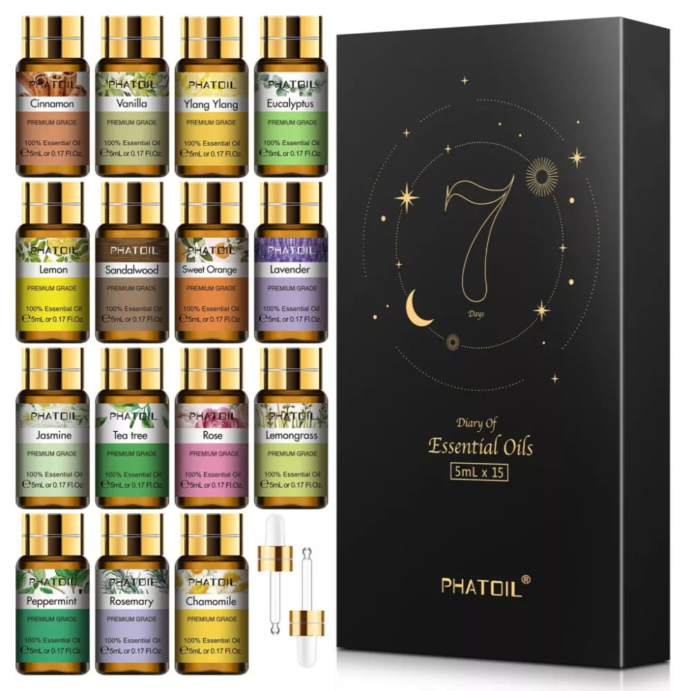 PHATOIL – 15 darabos Illóolaj Készlet (15 x 5 ml) | 7 Napos Illóolaj Naplóval