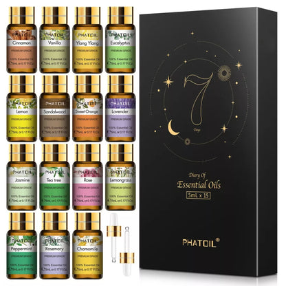 PHATOIL – 15 darabos Illóolaj Készlet (15 x 5 ml) | 7 Napos Illóolaj Naplóval