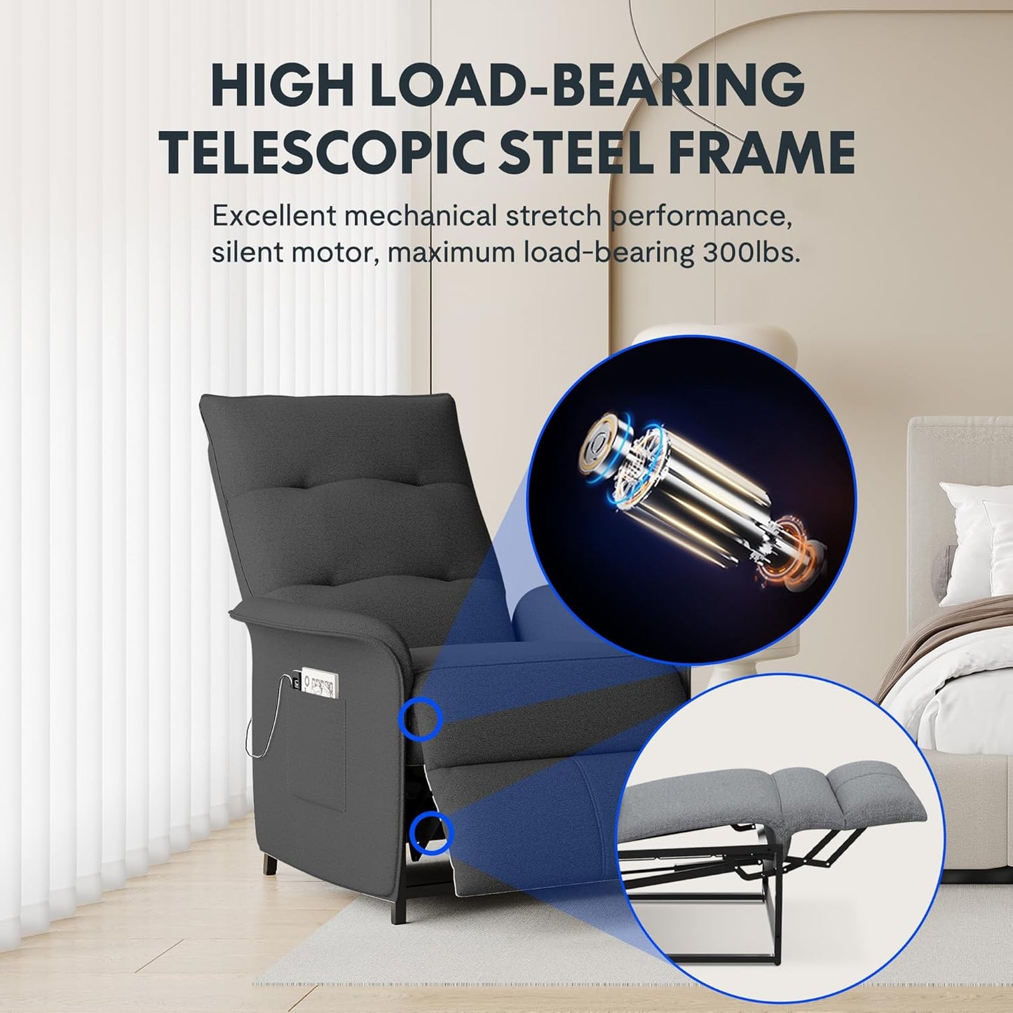 Elektromos TV-fotel Állítható Háttámlával – Sötétszürke Kényelmi fotel kartámasszal, szövetkárpittal, dönthető háttámlával 105° és 155° között