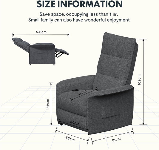 Elektromos TV-fotel Állítható Háttámlával – Sötétszürke Kényelmi fotel kartámasszal, szövetkárpittal, dönthető háttámlával 105° és 155° között