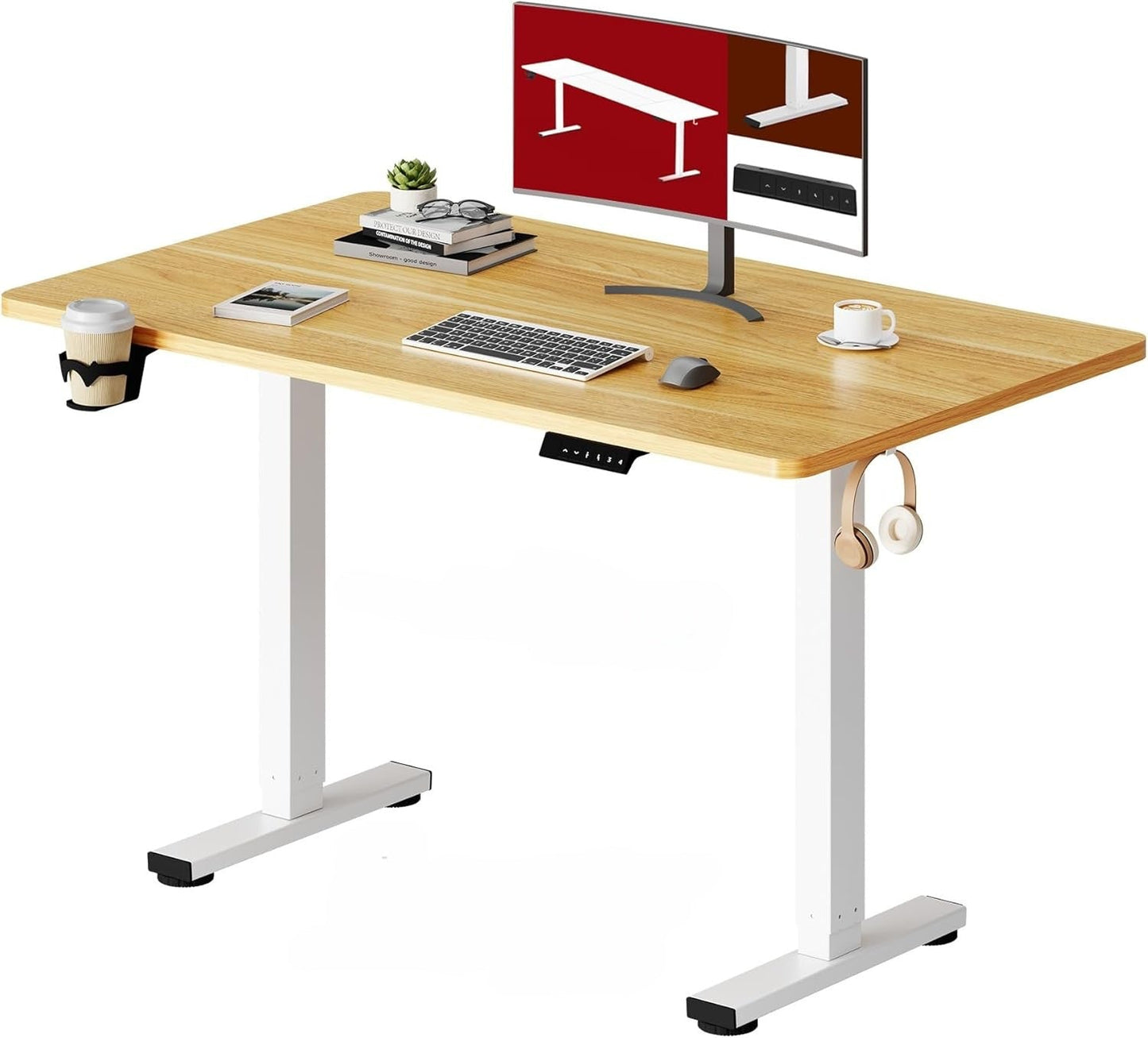 Elektromos magasságállítható íróasztal memóriafunkciós vezérléssel, pohár- és fejhallgatótartóval, két méretben és három színben