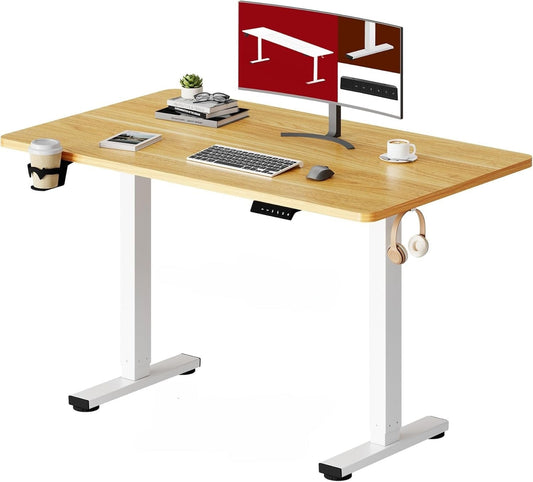 Elektromos magasságállítható íróasztal memóriafunkciós vezérléssel, pohár- és fejhallgatótartóval, két méretben és három színben