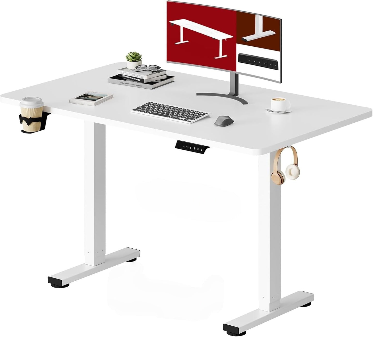 Elektromos magasságállítható íróasztal memóriafunkciós vezérléssel, pohár- és fejhallgatótartóval, két méretben és három színben